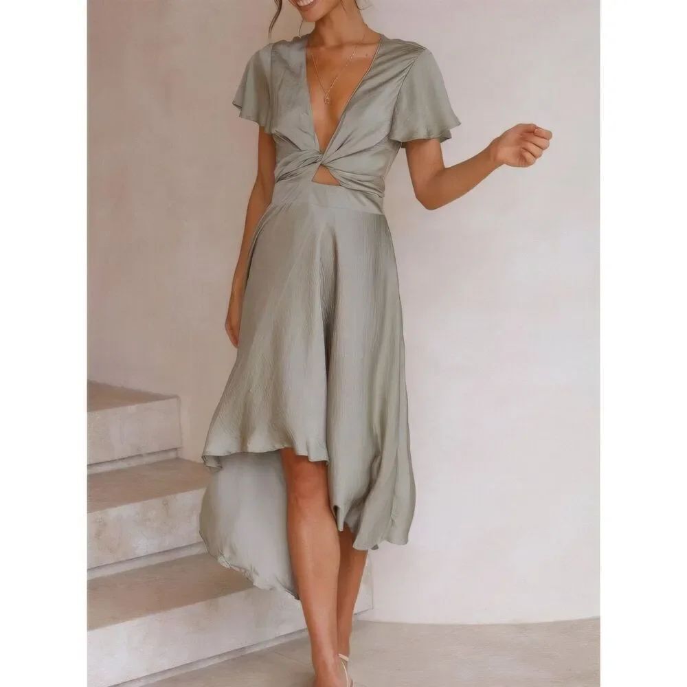 Cute Plunge Flutter Sleeve Sateen Midi Dress Sz Large In Sage